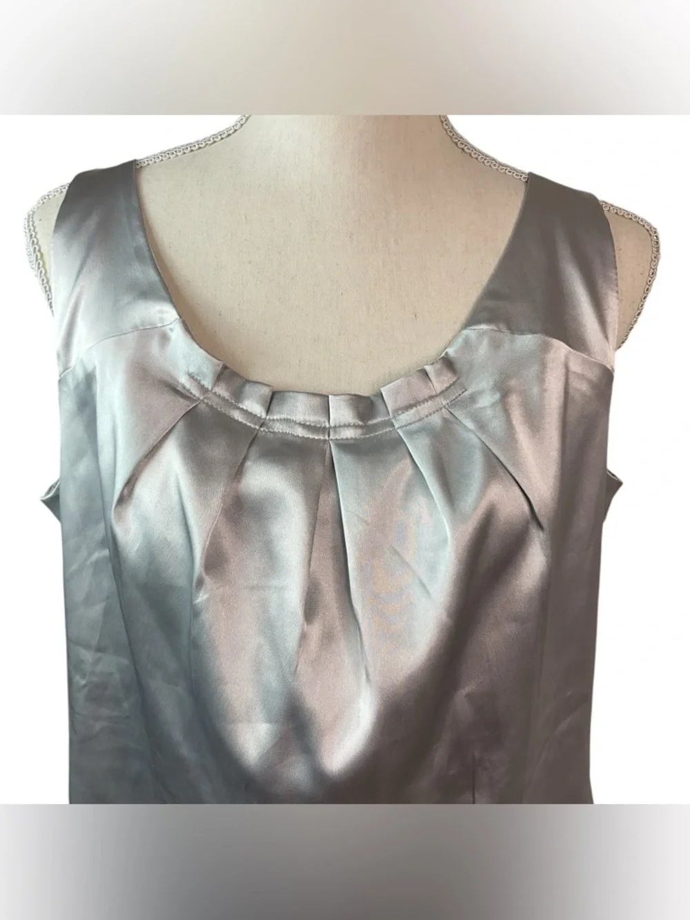 Essentials Sleeveless Satin Pleated Neck Shell Top - metallic Silver L - Picture 3 of 12